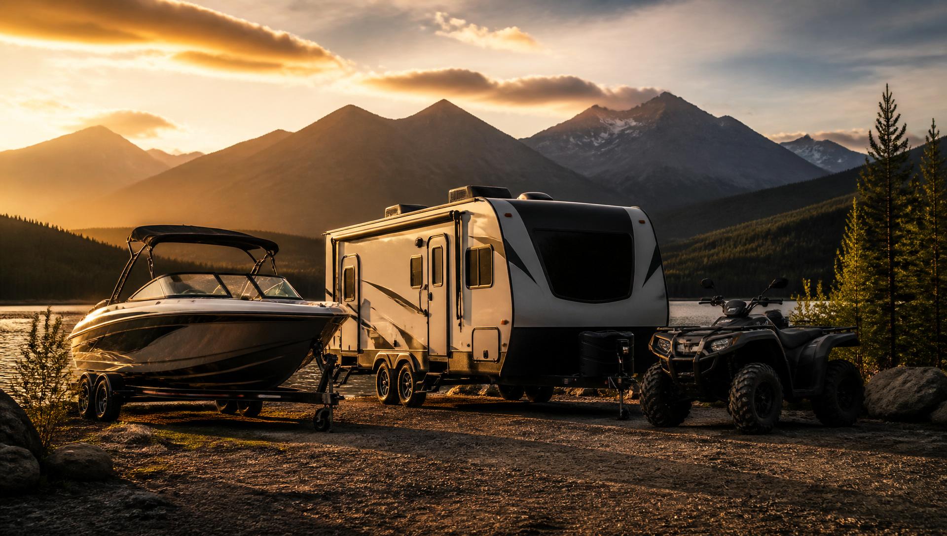 A boat, travel trailer and ATV staged beside a mountain lake at sunset